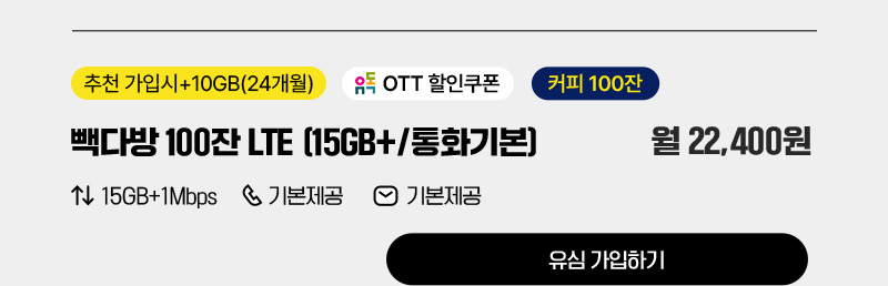 빽다방 100잔 LTE(15GB+/통화기본)