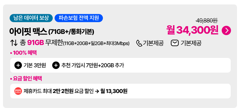 아이핏 맥스(91GB+/통화기본)+파손보험 전액지원